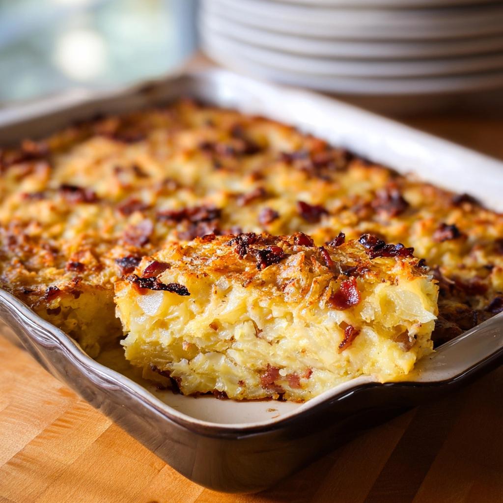 A golden-brown slice of Loaded Breakfast Casserole with Bacon and Potatoes being served from a baking dish.