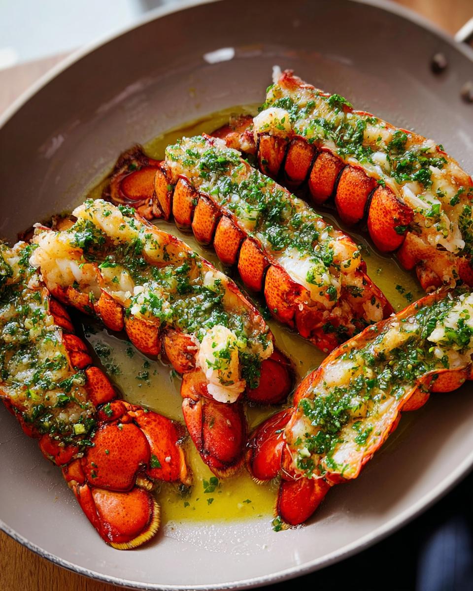 Five bright red Lobster Tails with Garlic Lemon Butter sauce and fresh parsley in a light-colored pan.