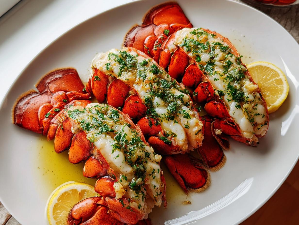 Three perfectly cooked Lobster Tails with Garlic Lemon Butter served on a white platter with lemon slices.