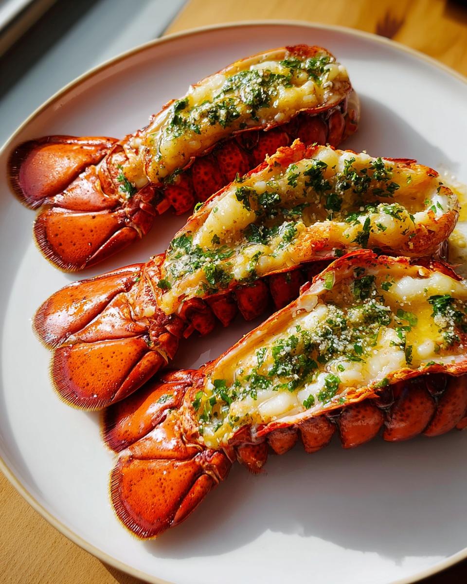 Three perfectly cooked Lobster Tails with Garlic Lemon Butter, split open and topped with herbs.