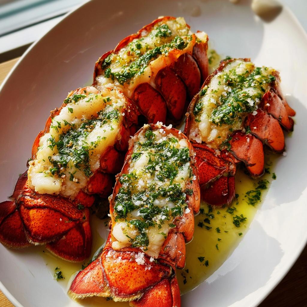 Four cooked Lobster Tails with Garlic Lemon Butter served on a white plate, glistening with melted butter and herbs.
