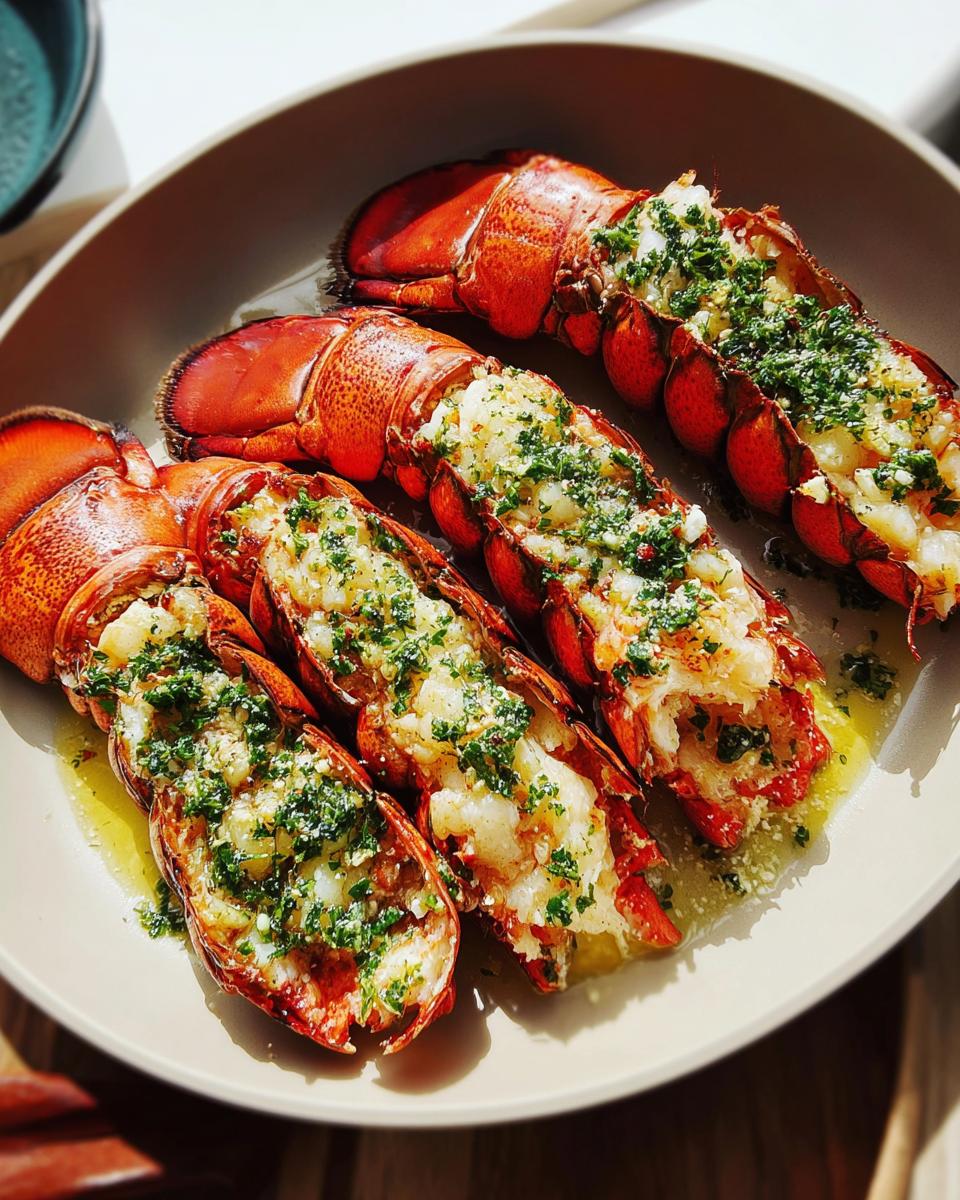 Four cooked lobster tails split open and topped with garlic lemon butter and fresh parsley.
