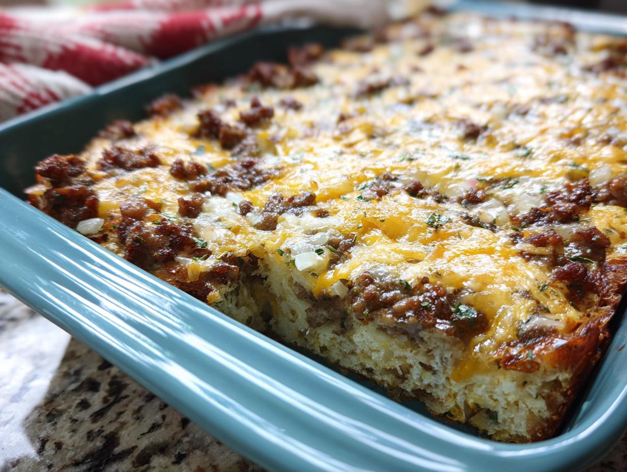 A close-up of a baked Make-Ahead Breakfast Strata with Bread & Cheese topped with melted cheddar and sausage.