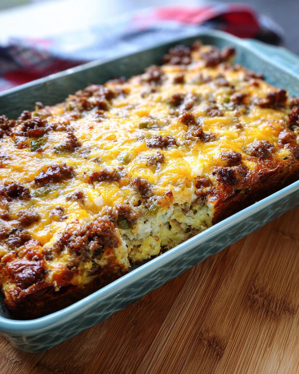 A baked Make-Ahead Breakfast Strata with Bread & Cheese topped with melted cheddar and crumbled sausage.