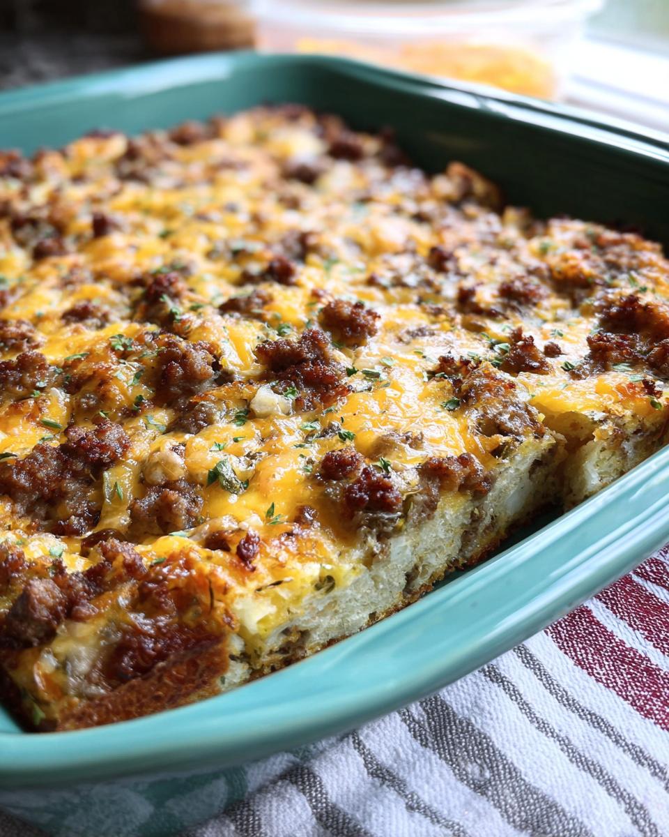 Close-up of a baked Make-Ahead Breakfast Strata with bread and cheese, topped with browned sausage crumbles.