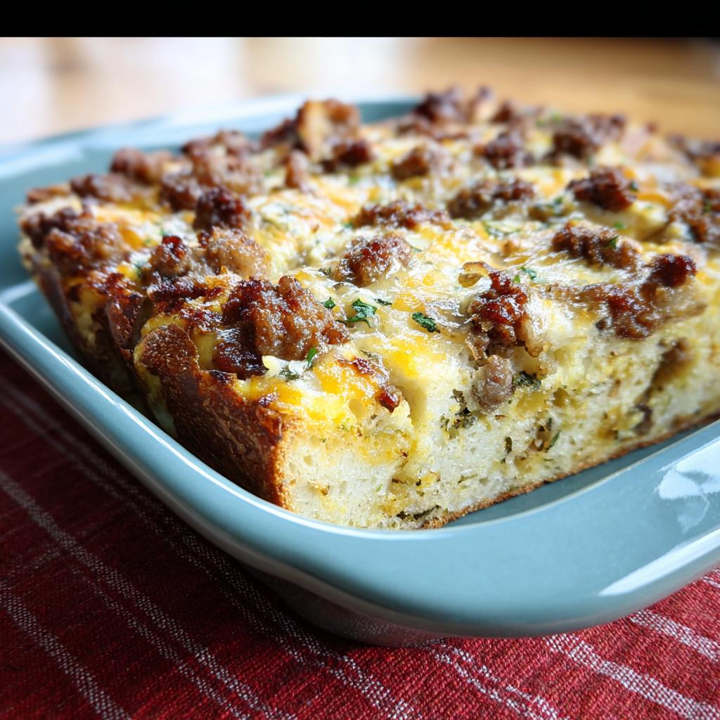 A close-up of a thick slice of Make-Ahead Breakfast Strata with bread, cheese, and crumbled sausage topping.