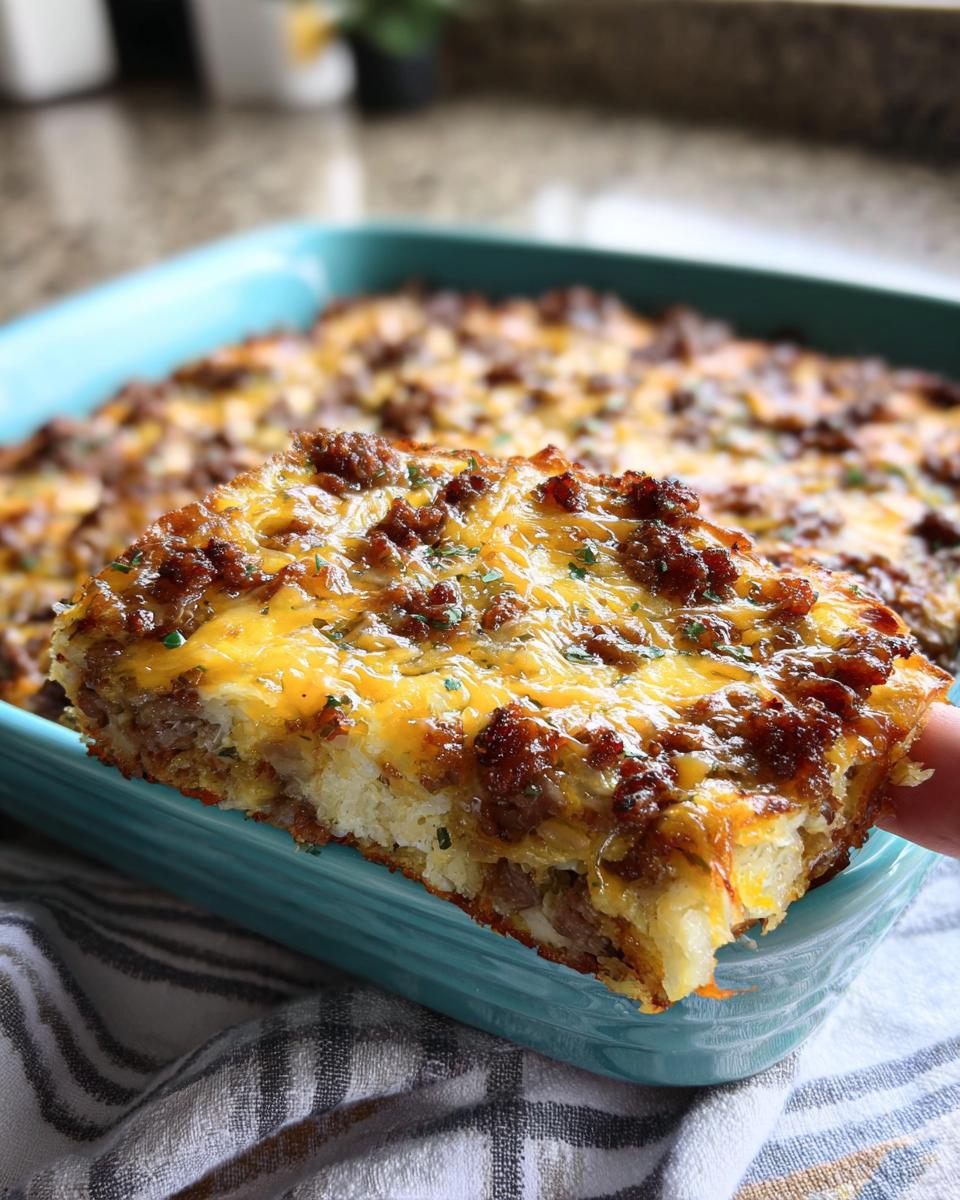 A hand lifting a square slice of Make-Ahead Breakfast Strata with Bread & Cheese topped with sausage and melted cheddar.