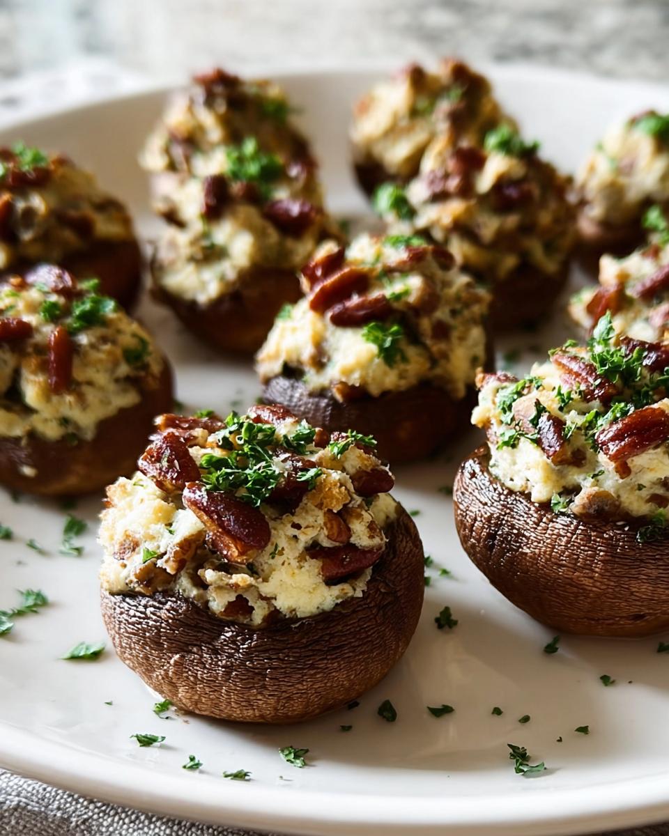 Close-up of creamy Stuffed Mushrooms (Make Ahead) topped with bacon bits and fresh parsley on a white plate.