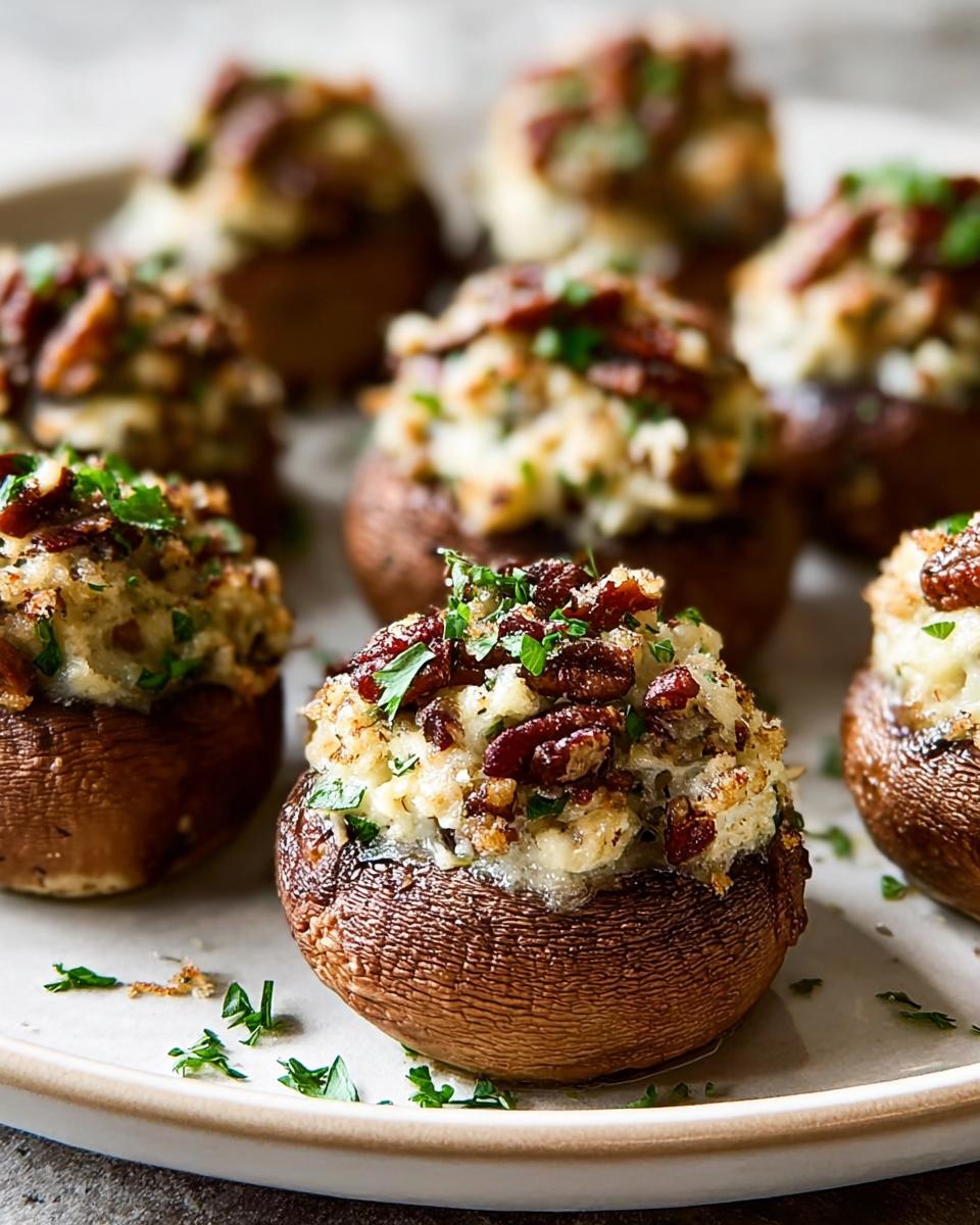 Close-up of freshly baked Stuffed Mushrooms (Make Ahead) topped with bacon bits and fresh parsley.