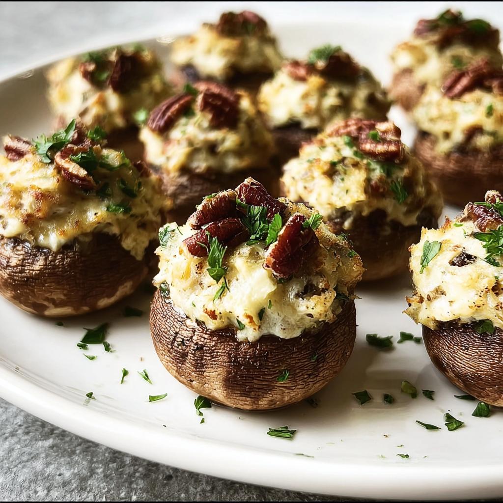 Close-up of creamy Make Ahead Stuffed Mushrooms topped with pecans and fresh parsley on a white plate.