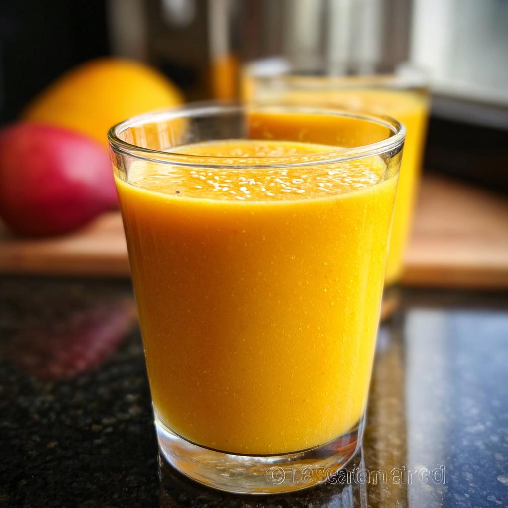 Close-up of a bright orange Mango Pineapple Smoothie served in a clear glass on a dark countertop.