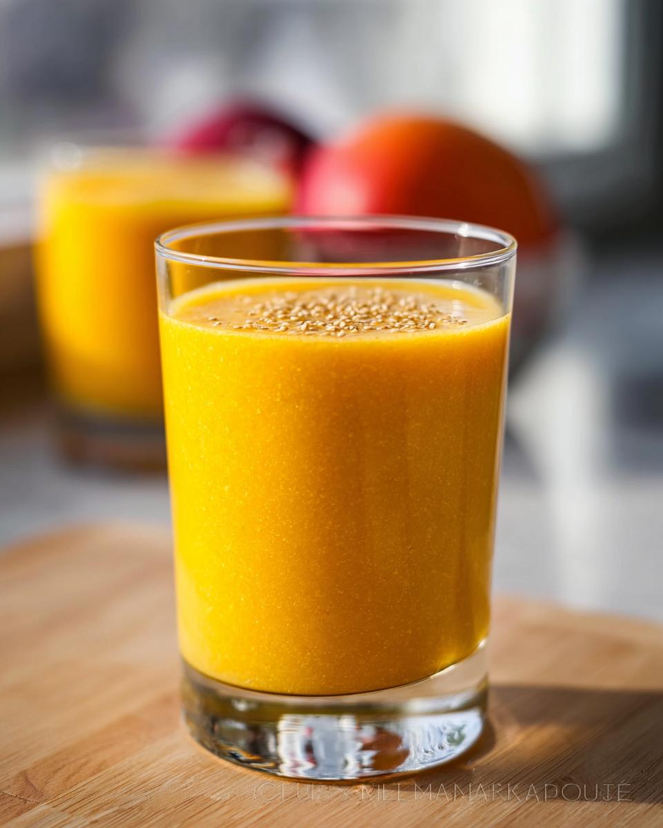 Close-up of a vibrant orange Mango Pineapple Smoothie in a glass, topped with small seeds.