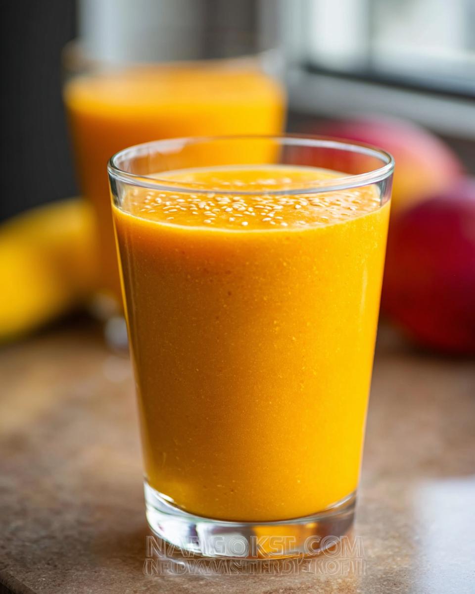 Close-up of a bright orange Mango Pineapple Smoothie topped with small white seeds in a clear glass.