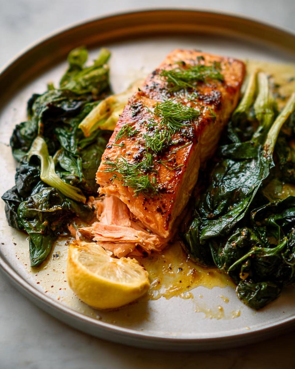 Close-up of flaky Maple Dijon Salmon Sheet Pan served with wilted greens and a lemon wedge.