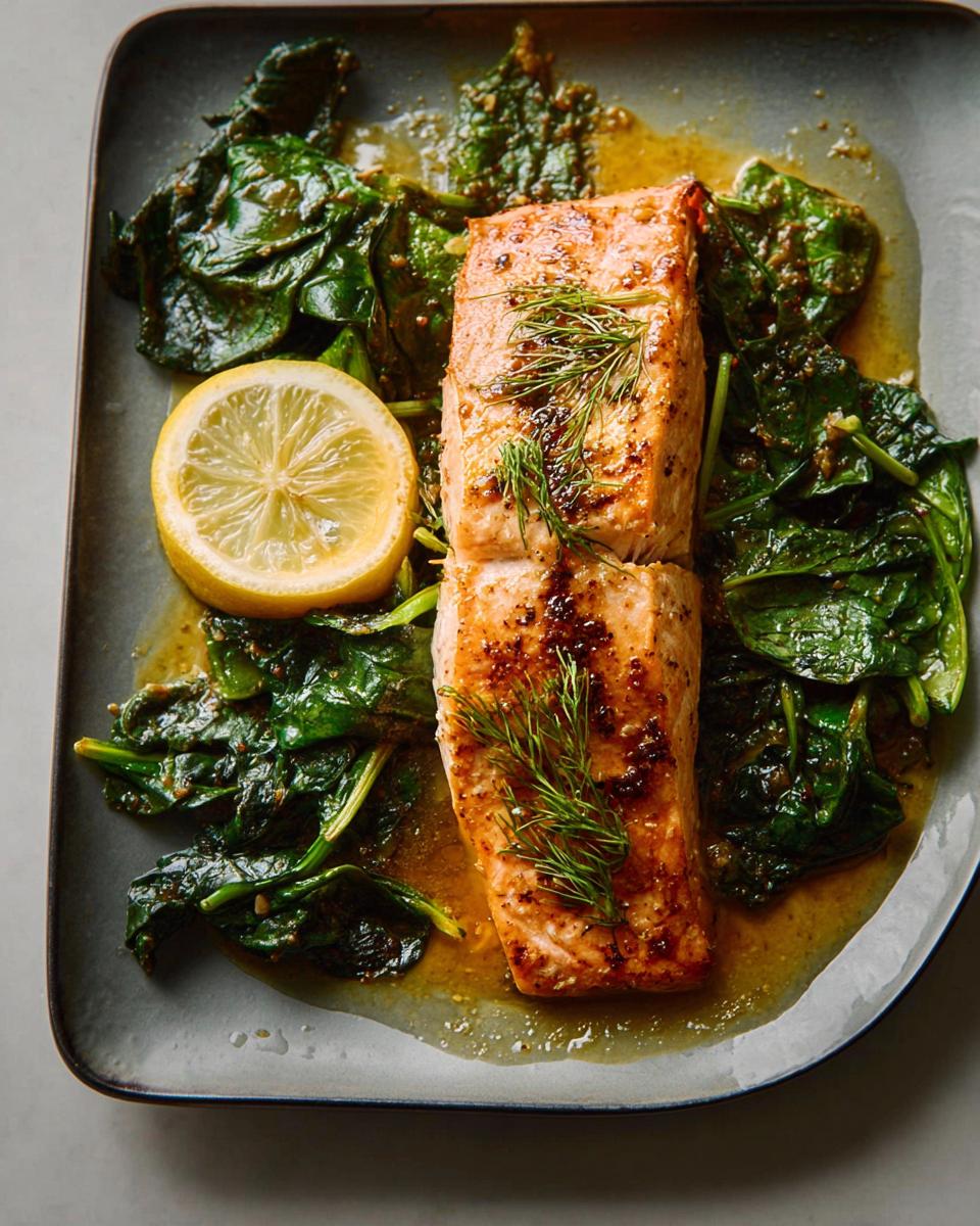 A perfectly cooked Maple Dijon Salmon Sheet Pan fillet served with wilted spinach and a lemon slice.