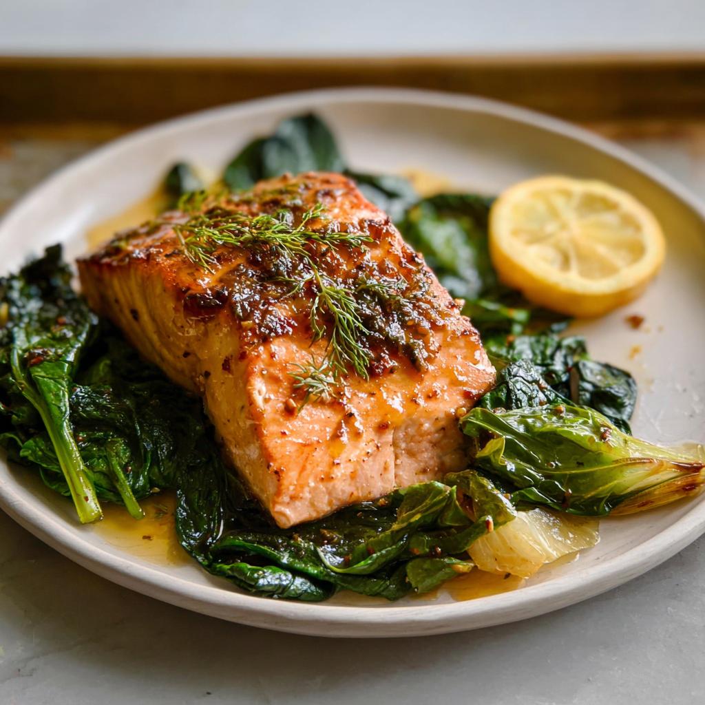 A perfectly cooked fillet of Maple Dijon Salmon served over wilted greens with a lemon slice.