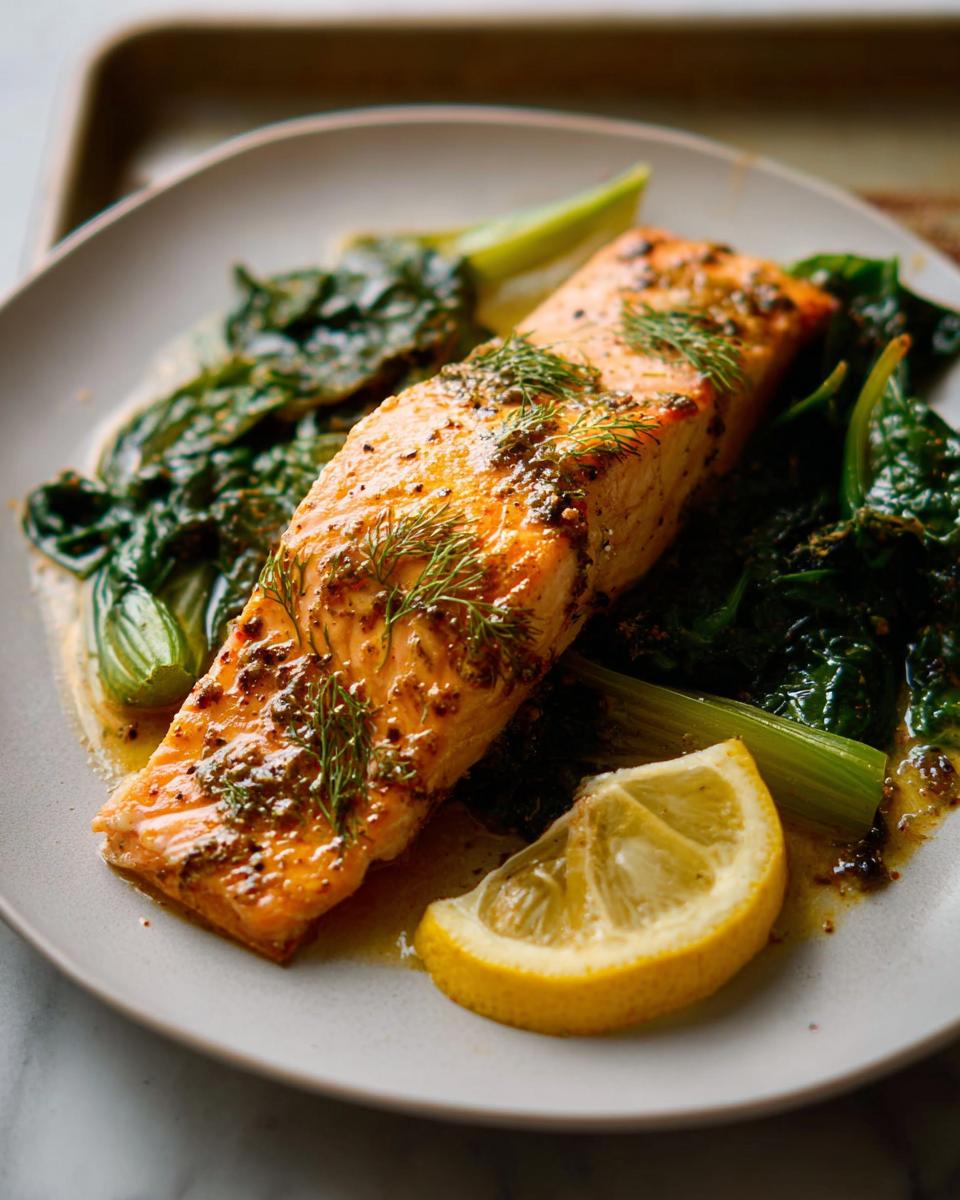 A perfectly cooked fillet of Maple Dijon Salmon Sheet Pan served with wilted greens and a lemon wedge.