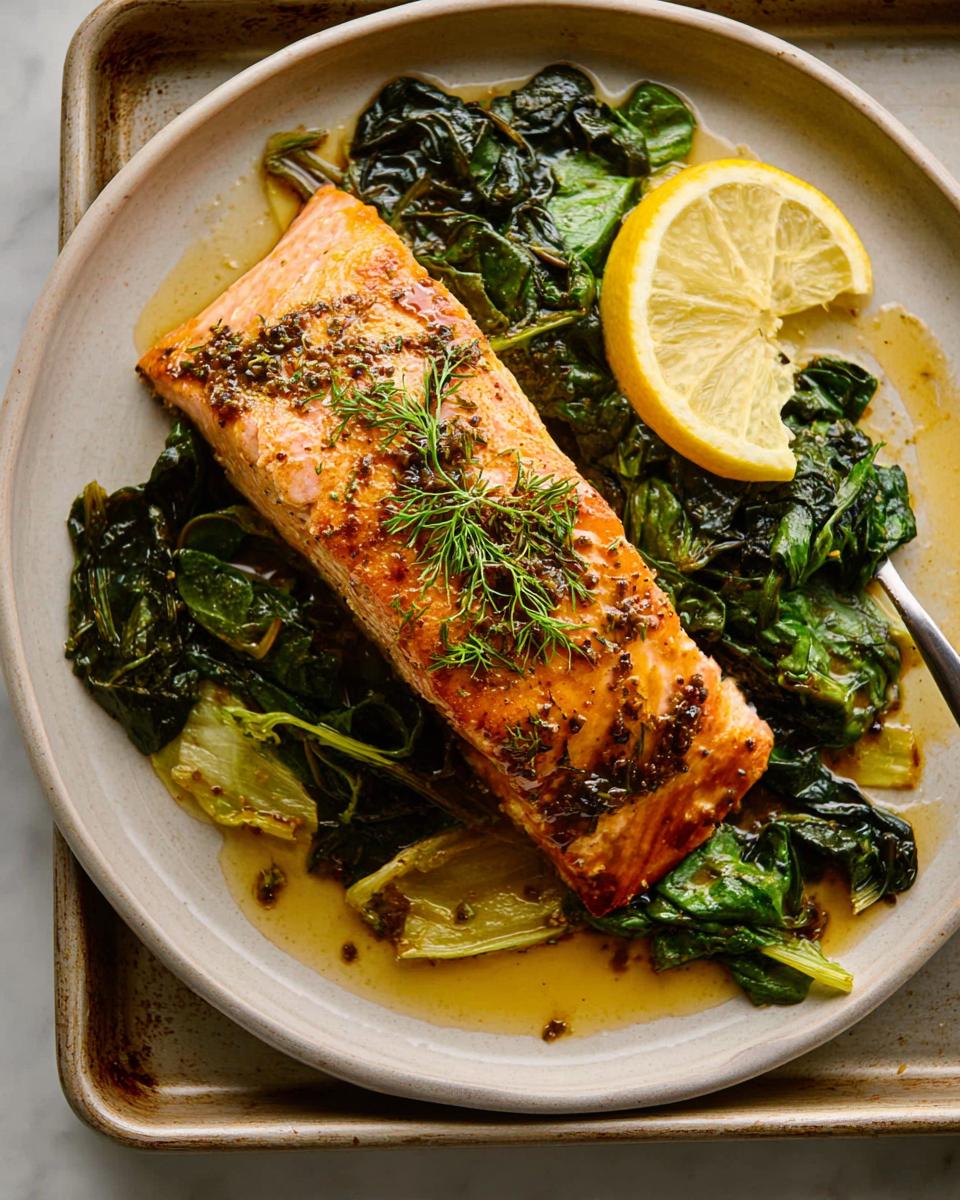 A perfectly cooked fillet of Maple Dijon Salmon Sheet Pan resting on wilted greens, garnished with fresh dill and a lemon slice.