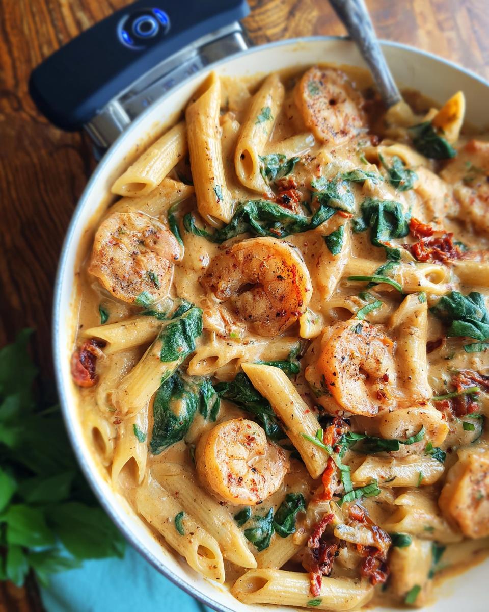 A close-up of creamy "Marry Me" Shrimp Pasta with penne, shrimp, spinach, and sun-dried tomatoes in a white pan.
