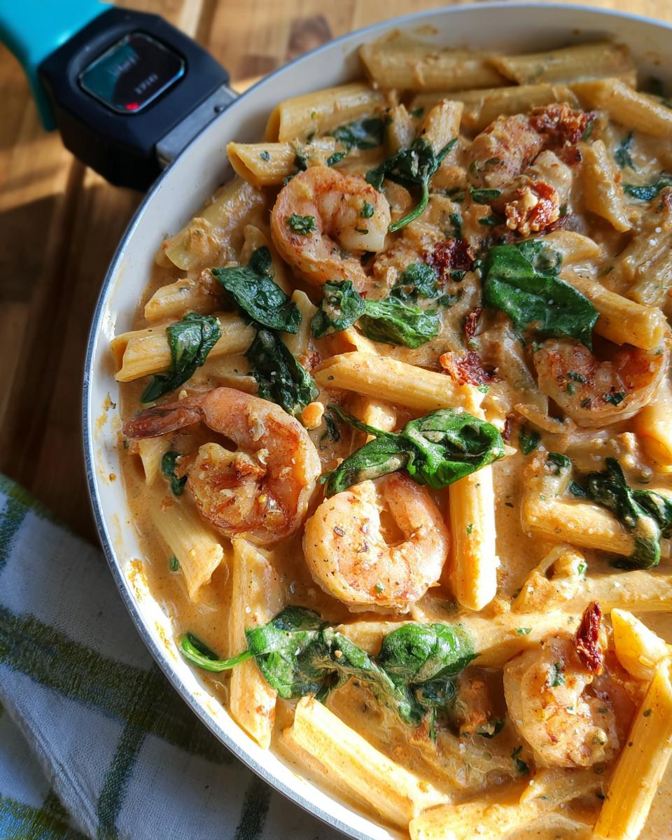 A close-up of creamy Marry Me Shrimp Pasta with penne, succulent shrimp, spinach, and sun-dried tomatoes.