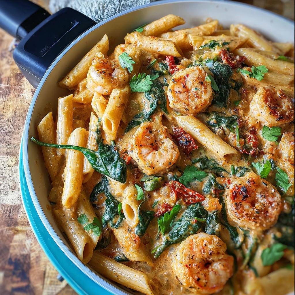 Close-up of creamy "Marry Me" Shrimp Pasta with penne, succulent shrimp, spinach, and sun-dried tomatoes.