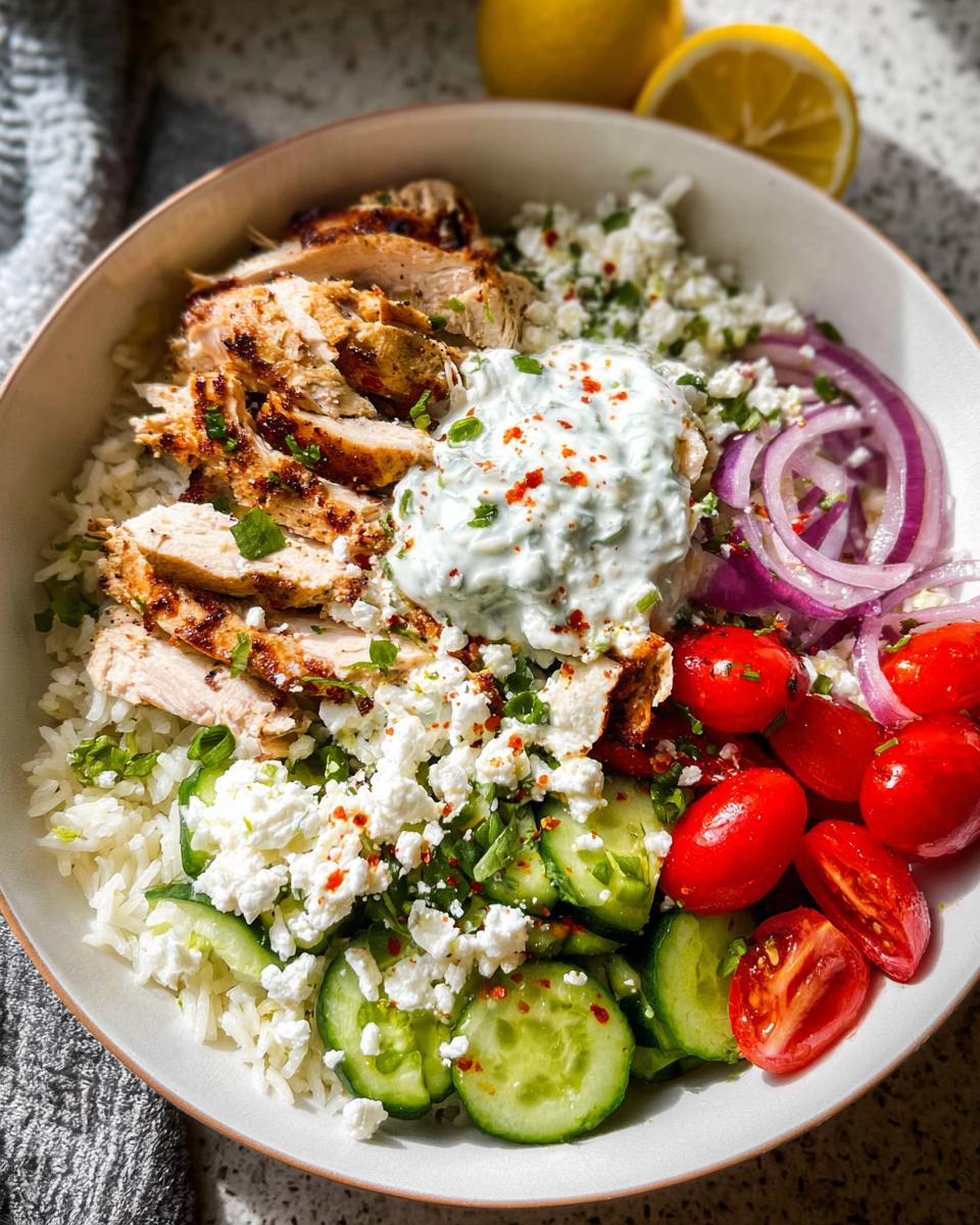 A vibrant bowl featuring grilled sliced chicken, rice, tzatziki, feta, cucumbers, and tomatoes for Mediterranean Chicken Bowls.