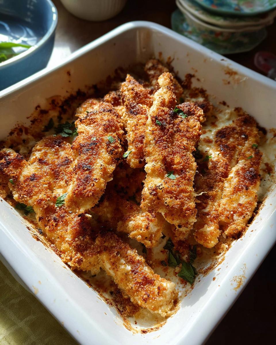 Golden brown, breaded strips of Melt In Your Mouth Chicken baked in a creamy sauce in a white casserole dish.