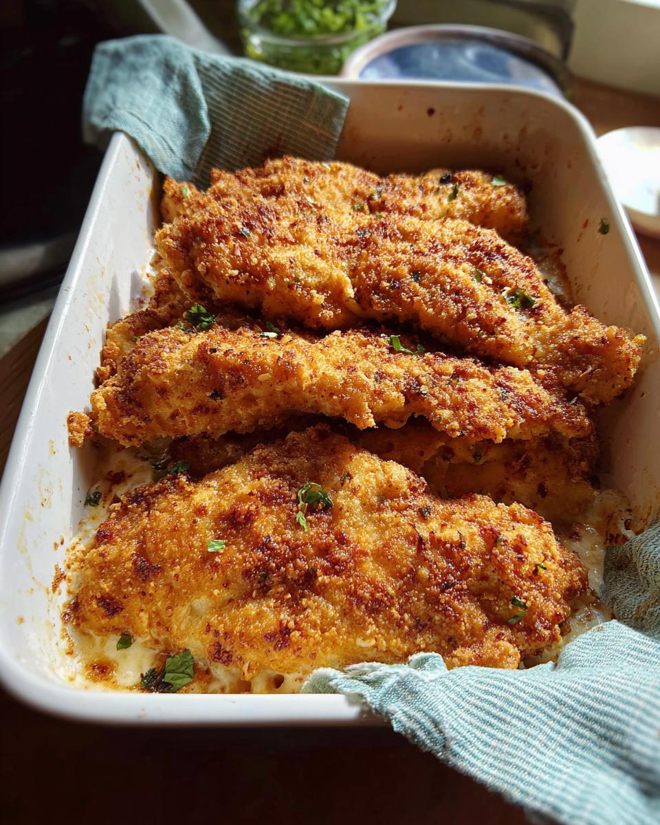Four golden, crispy-crusted pieces of Melt In Your Mouth Chicken resting in a creamy sauce in a white baking dish.