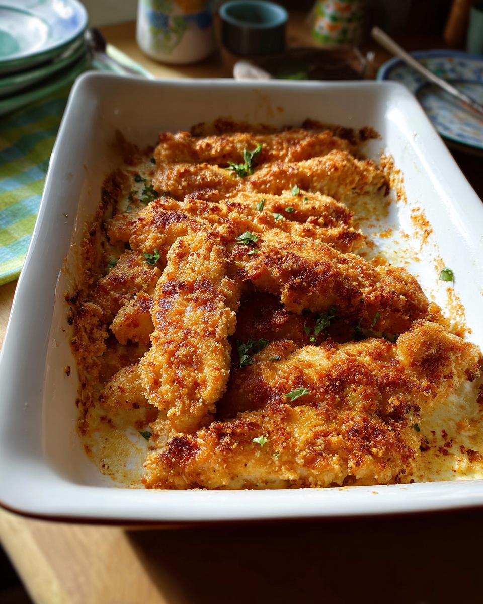 Golden brown, crispy baked Melt In Your Mouth Chicken tenders arranged in a white baking dish.
