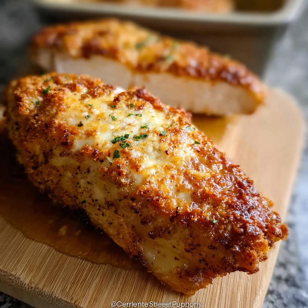 A close-up of a golden-brown, breaded Melt In Your Mouth Chicken breast on a wooden board, garnished with parsley.
