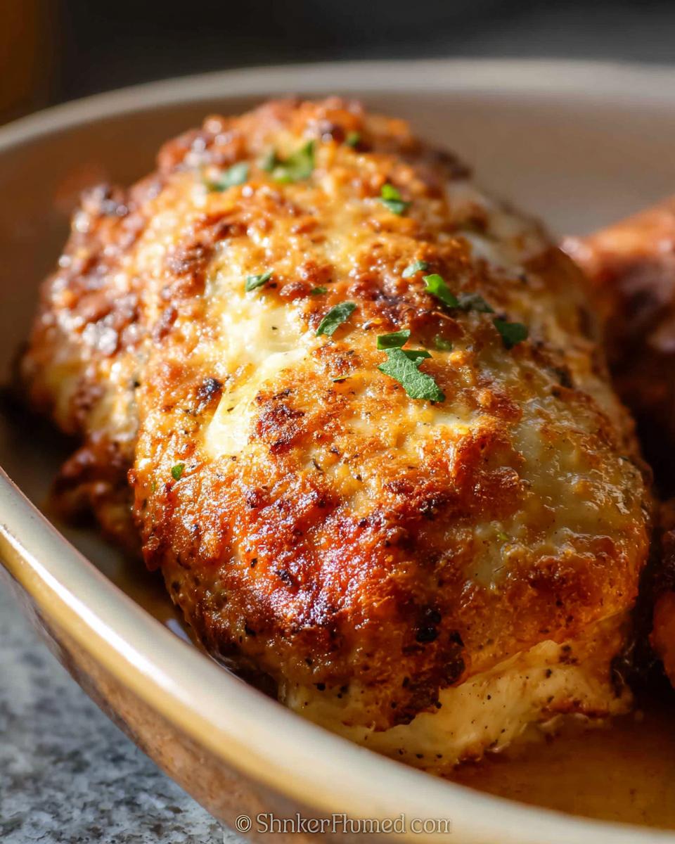 Close-up of a golden brown, baked Melt In Your Mouth Chicken breast, garnished with fresh parsley.