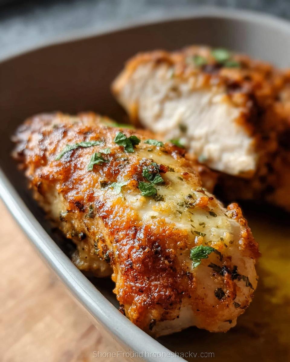 Close-up of two juicy Melt In Your Mouth Chicken breasts, seasoned and garnished with fresh parsley.