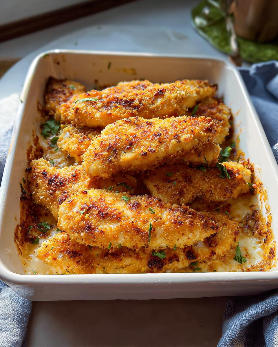 Golden brown, breaded Melt In Your Mouth Chicken pieces baked in a creamy sauce in a white casserole dish.