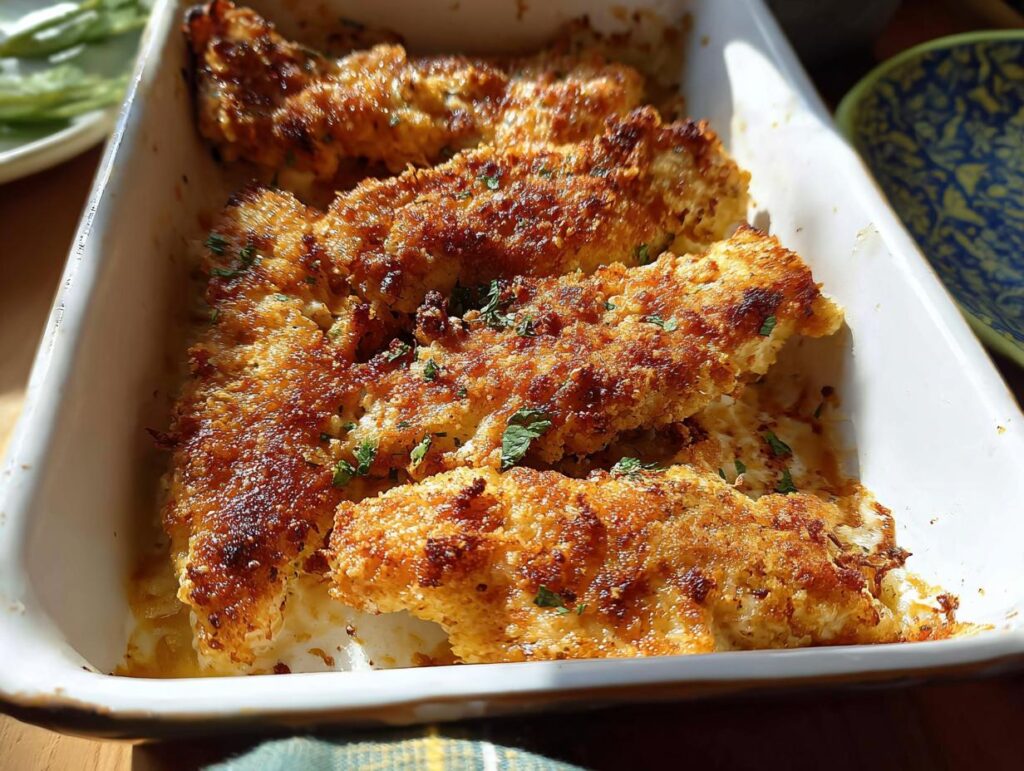 Four pieces of golden brown, baked Melt In Your Mouth Chicken in a white casserole dish.