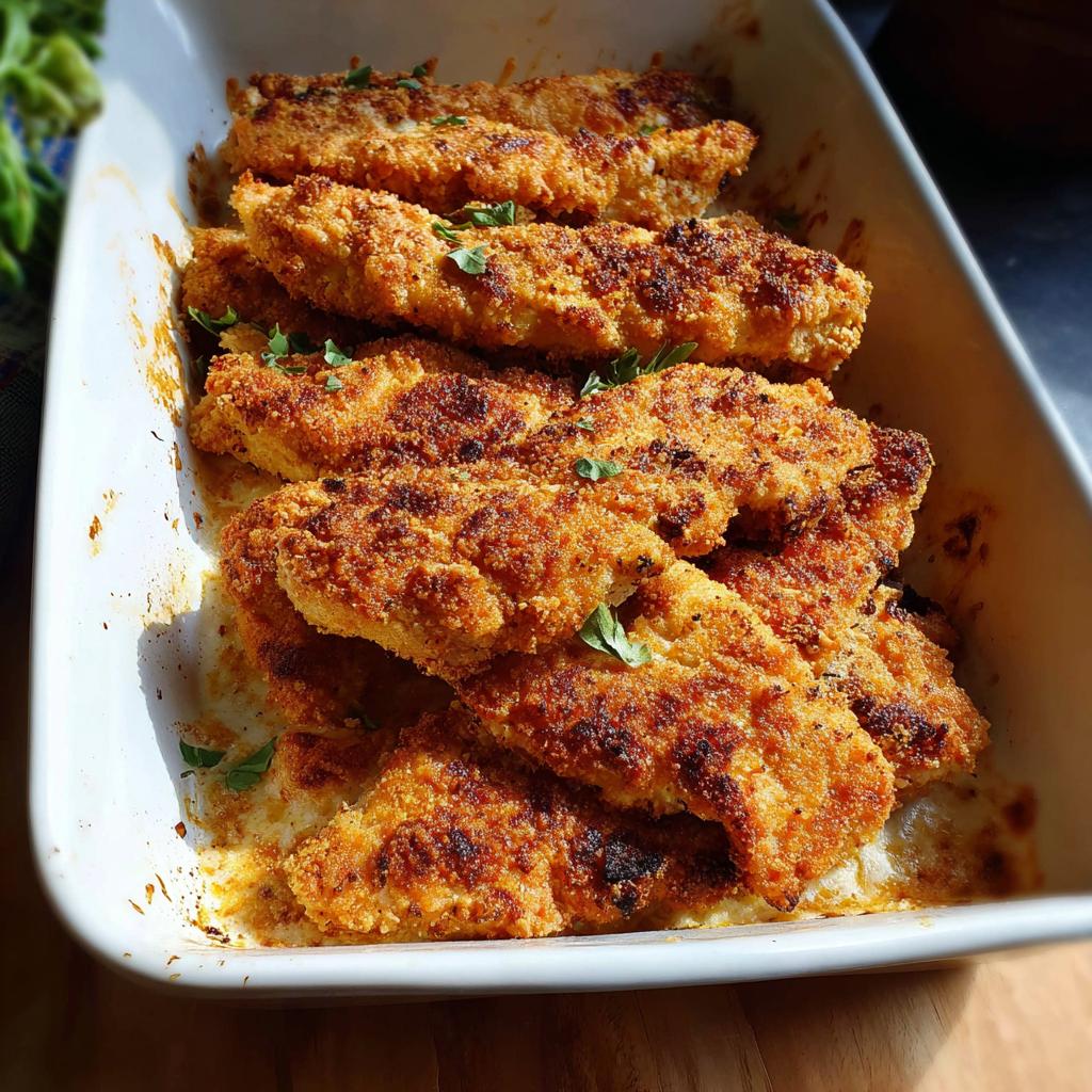Golden brown, crispy Melt In Your Mouth Chicken tenders baked in a white casserole dish.