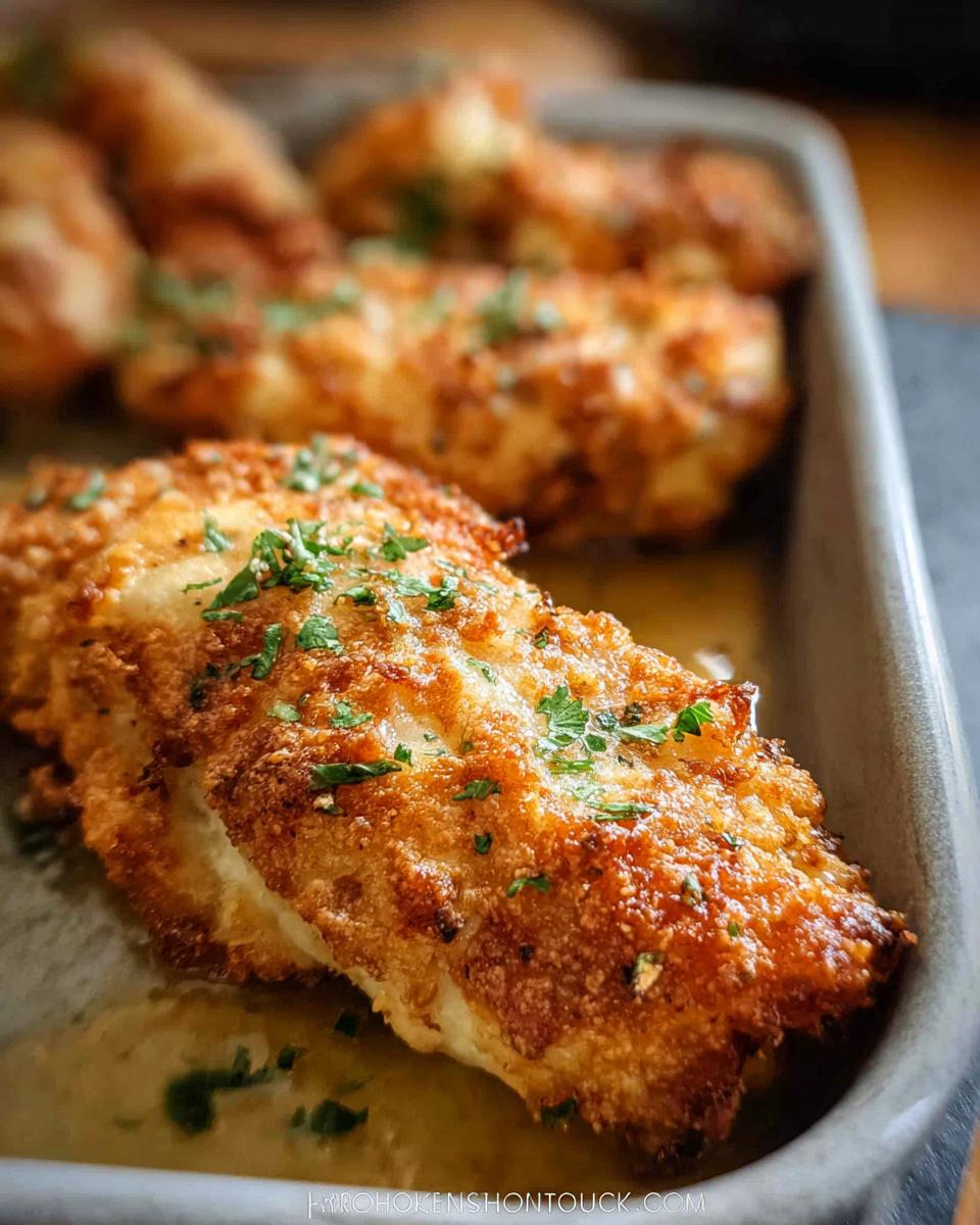 Close-up of a piece of Melt In Your Mouth Chicken with a golden-brown crispy coating, garnished with fresh parsley, in a baking dish.