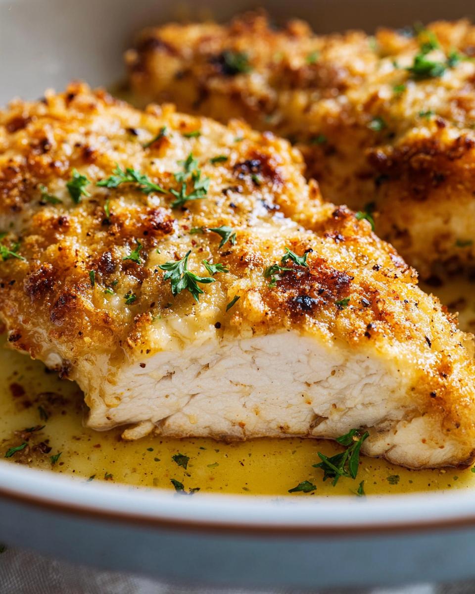 Close-up of a perfectly cooked Melt in Your Mouth Chicken breast, showing moist white meat and a golden, crispy crust.