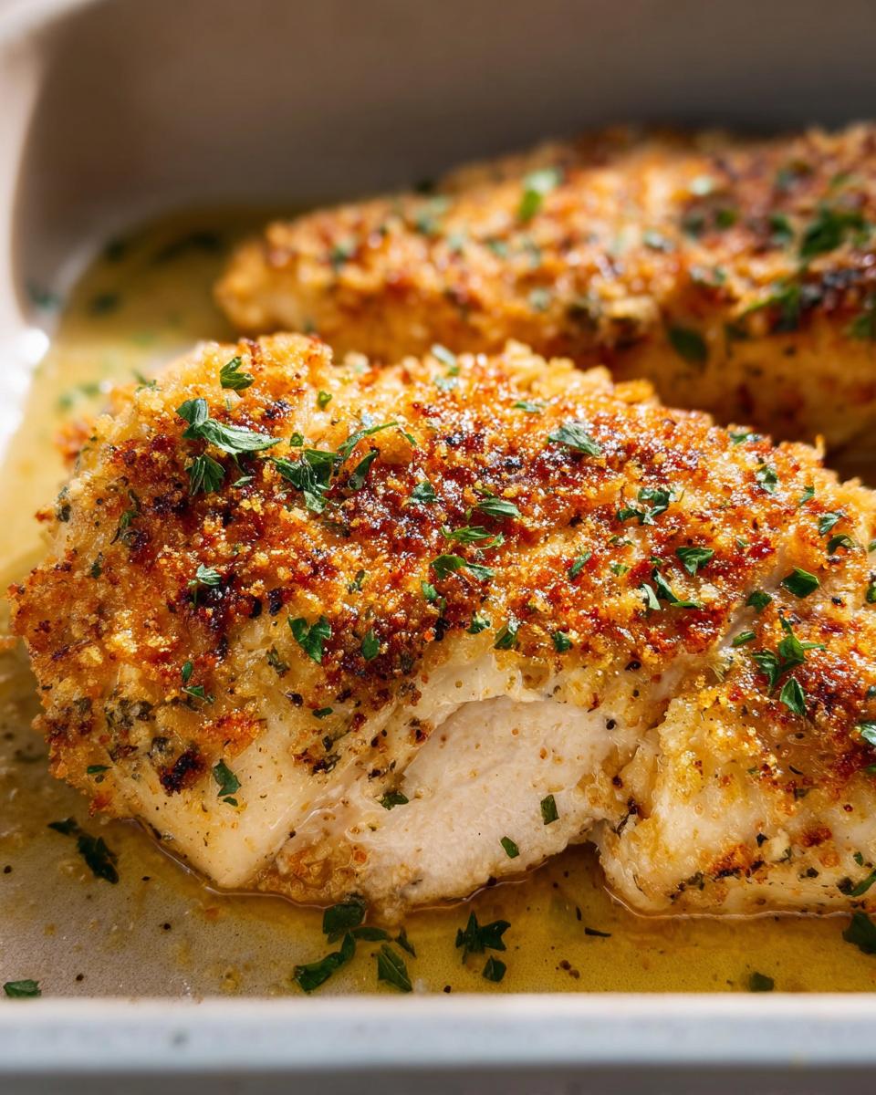 A close-up of a baked Melt in Your Mouth Chicken breast with a golden, crispy breadcrumb topping and fresh parsley.