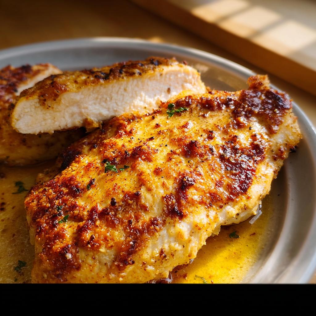 Close-up of a golden-brown, seasoned Melt in Your Mouth Chicken breast, sliced to show juicy interior.