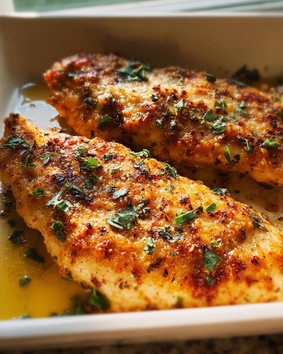 Two golden, pan-seared chicken breasts seasoned with herbs, resting in butter sauce, ready to serve for Melt in Your Mouth Chicken.