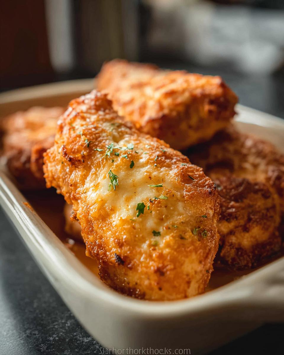 Close-up of golden-brown, breaded chicken pieces topped with melted cheese and herbs, served in a white dish.