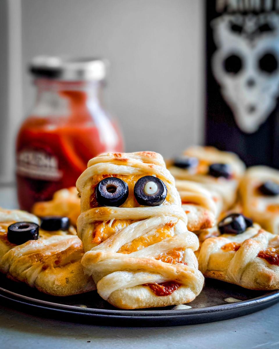 Close-up of adorable Mini Mummy Bites (2025) made with pastry, cheese, and olive eyes.