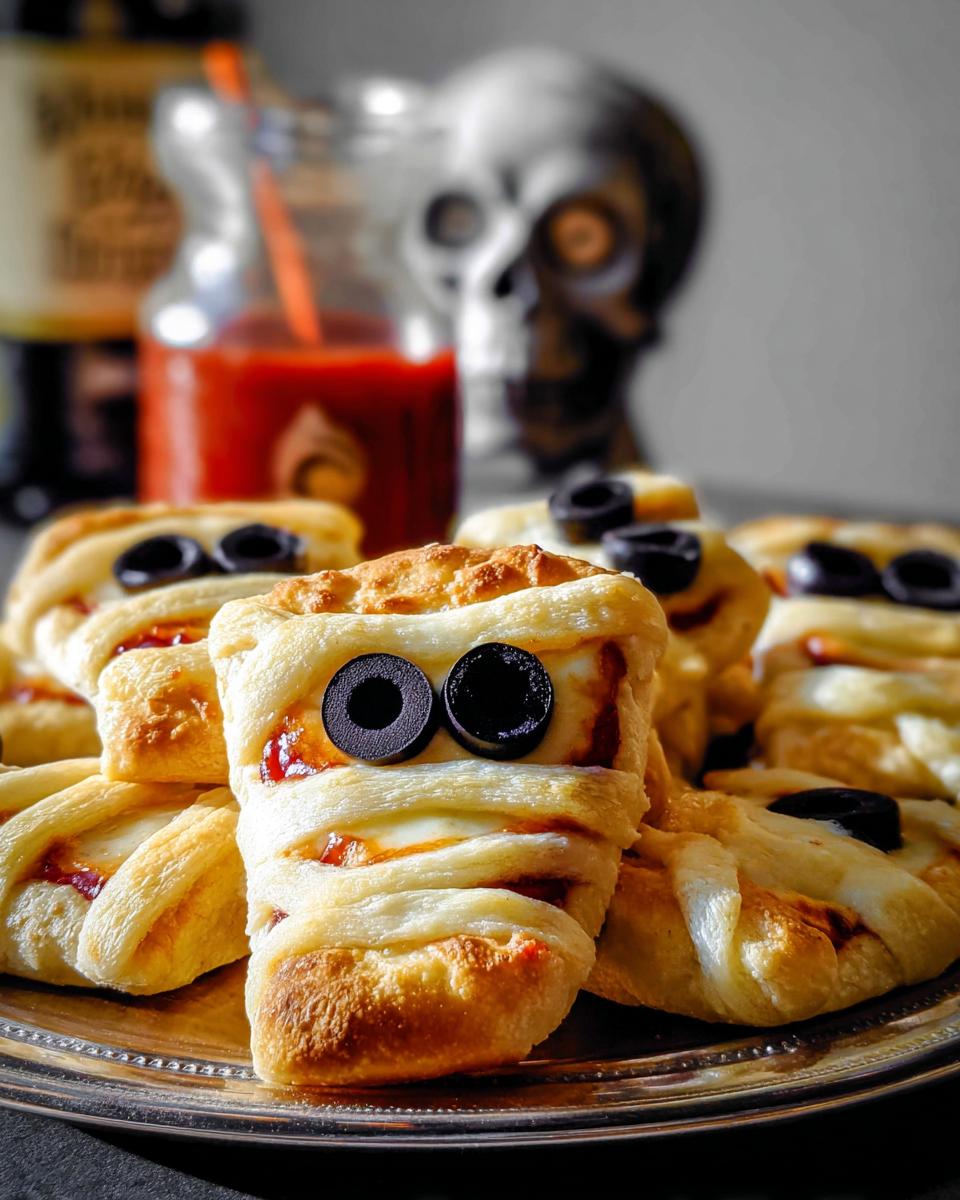 Close-up of several Mini Mummy Bites with flaky pastry wrapped around a filling and black olive eyes.