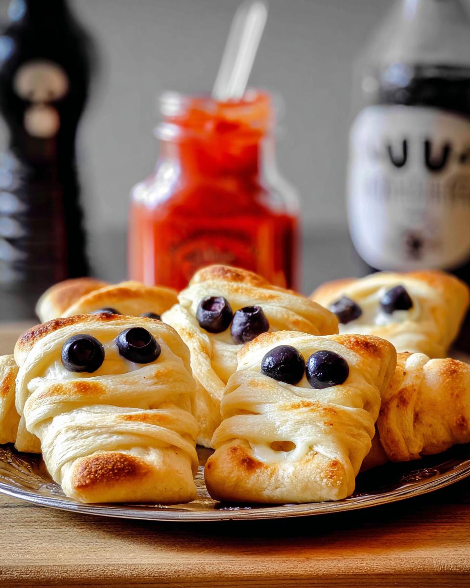 Close-up of several adorable Mini Mummy Bites, wrapped in dough with blueberry eyes, on a silver platter.