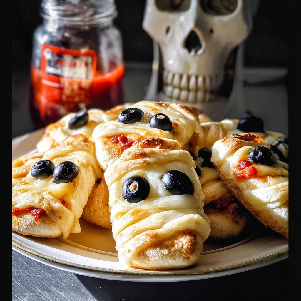 A plate of adorable Mini Mummy Bites (2025) with olive eyes and wrapped in dough, perfect for Halloween.