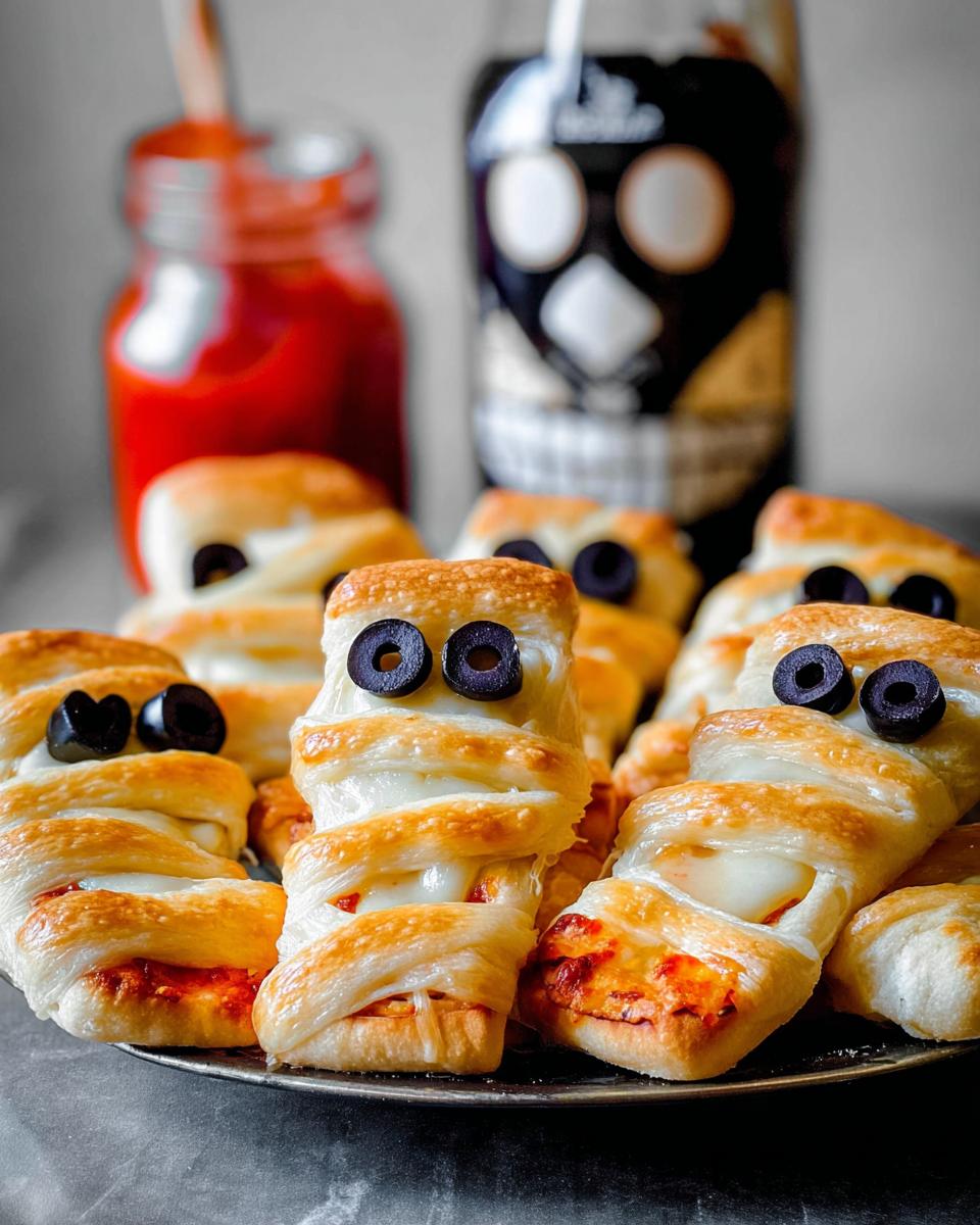 Close-up of a platter of adorable Mini Mummy Bites (2025) with olive eyes and pastry strips.