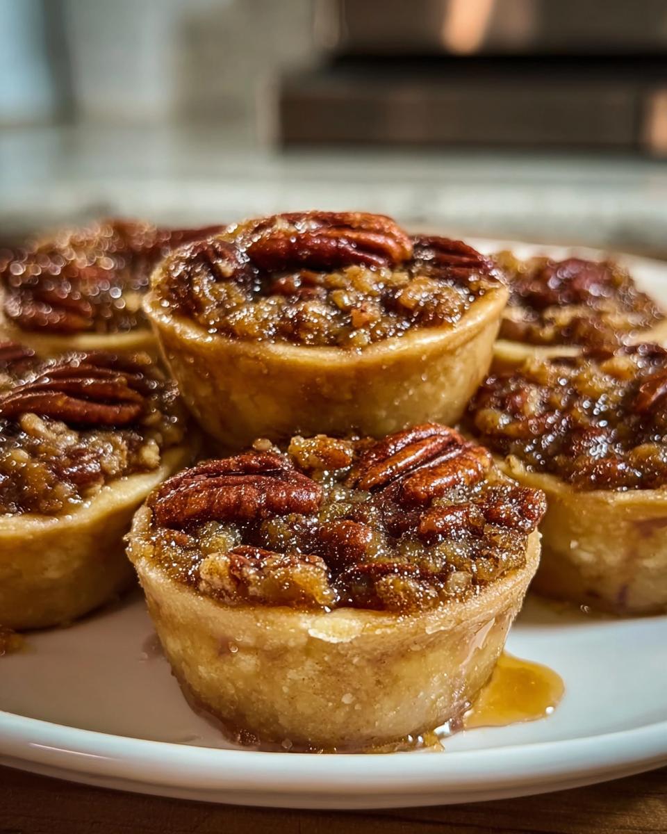 Close-up of mini pecan pies, perfect for quick Thanksgiving desserts, topped with whole pecans and a glossy filling.