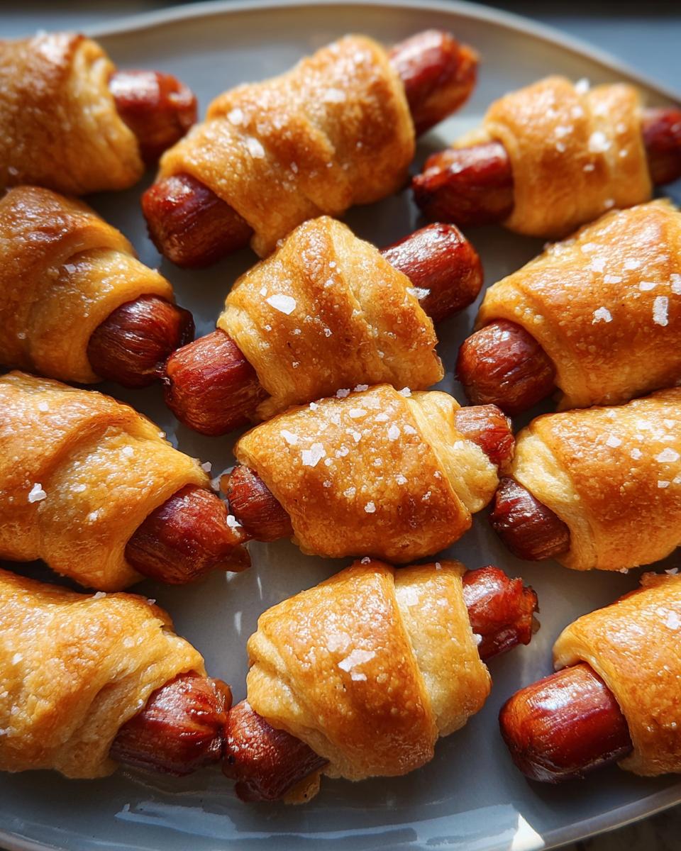 Close-up of golden brown Mini Pigs in a Blanket sprinkled with coarse sea salt on a gray platter.