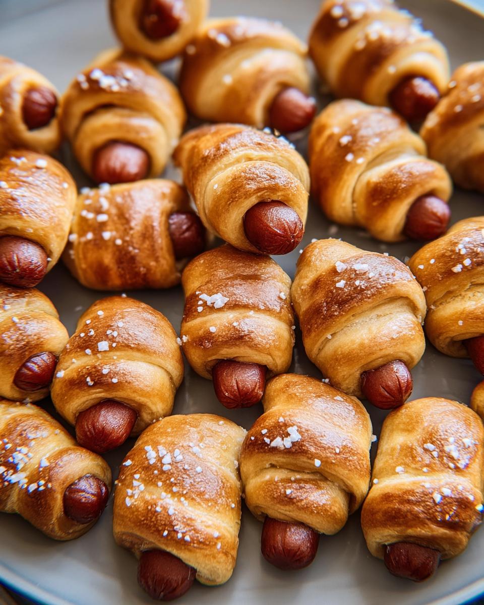 A close-up of freshly baked Mini Pigs in a Blanket sprinkled with coarse sea salt on a gray platter.