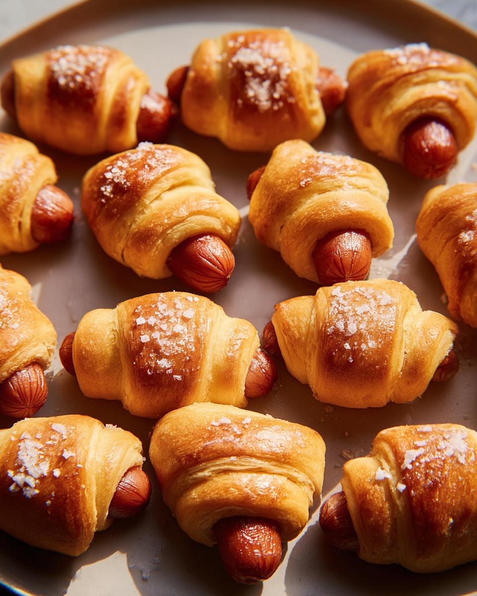 Close-up of golden baked Mini Pigs in a Blanket sprinkled with coarse sea salt on a platter.